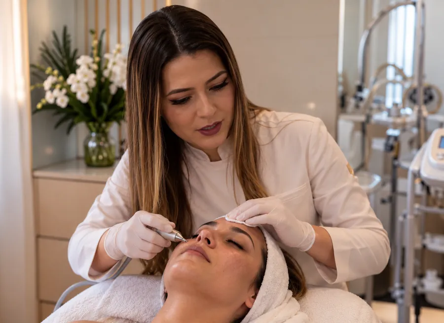 Mari realizando limpeza de pele em uma cliente