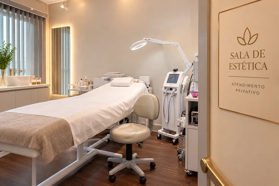 Sala de estética da Tharie com placa de atendimento privativo na porta